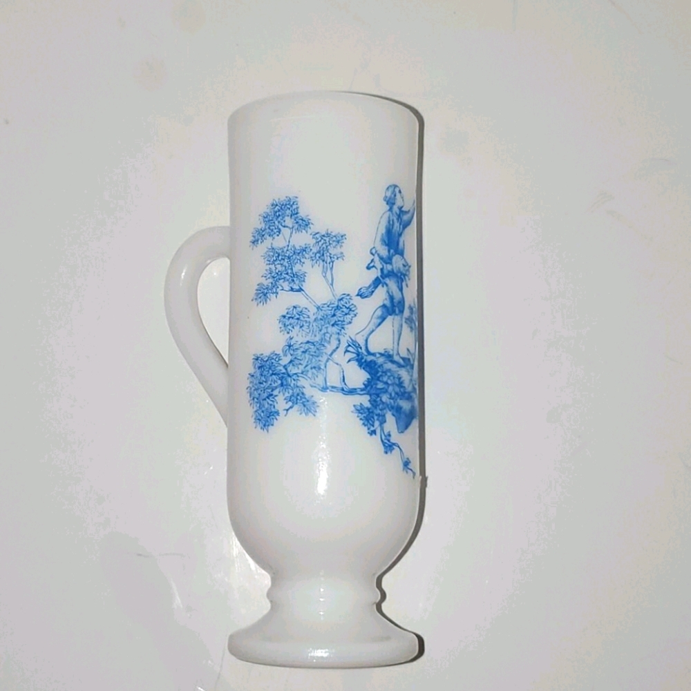 VINTAGE AVON Irish Coffee Mug White Milkglass With Blue Victorian Design 5.5"